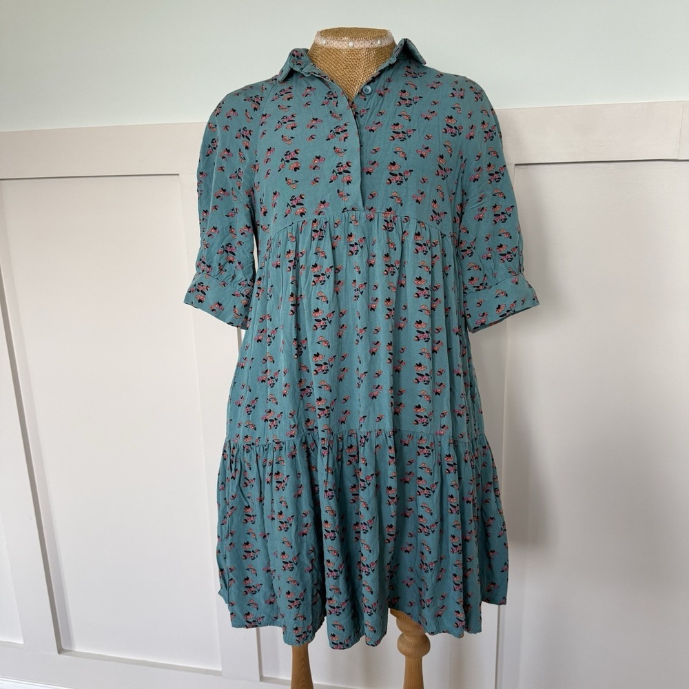 Natural Life Dress XS/SM Blue Floral Tiered Pockets Boho Relaxed Cottage Core
